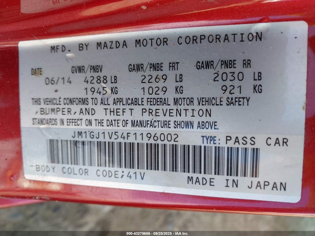 Aukcja sprzedaży 2015 Mazda Mazda6 I Touring, vin: JM1GJ1V54F1196002, numer aukcji: 43275686