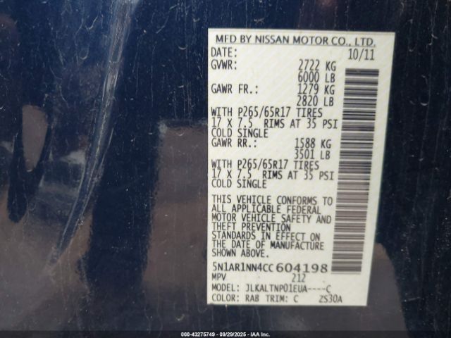 2012 NISSAN PATHFINDER 5N1AR1NN4CC604198 Photo 8