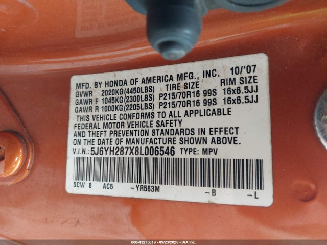 43275819 :رقم المزاد ، 5J6YH287X8L006546 vin ، 2008 Honda Element Ex مزاد بيع