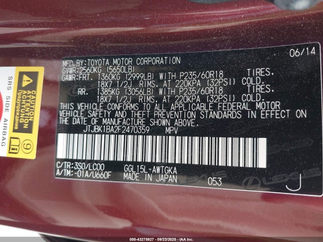 2015 LEXUS RX JTJBK1BA2F2470359 Photo 8