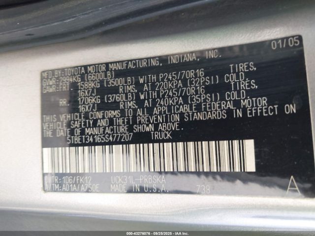 2005 TOYOTA TUNDRA 5TBET34165S477207 Photo 8