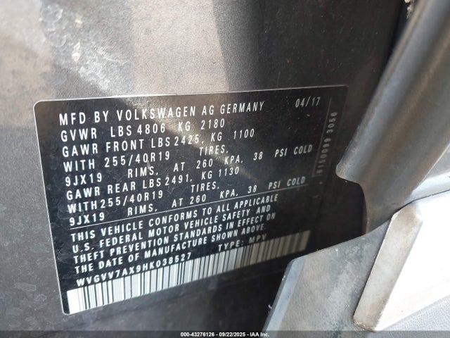WVGVV7AX9HK038527 Volkswagen Tiguan 2.0t Sel