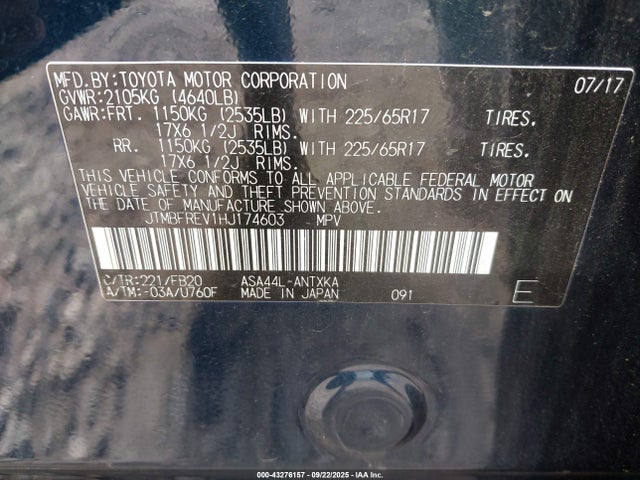 JTMBFREV1HJ174603 Toyota 2ar-fe