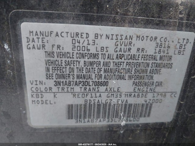 Aukcja sprzedaży 2013 Nissan Sentra Sl, vin: 3N1AB7AP3DL708600, numer aukcji: 43276177