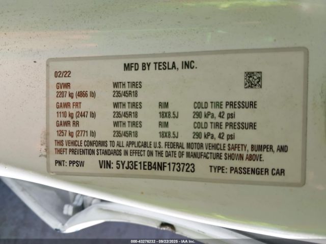 2022 TESLA MODEL 3 5YJ3E1EB4NF173723 Photo 8