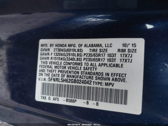 43276275 :رقم المزاد ، 5FNRL5H62GB024042 vin ، 2016 Honda Odyssey Ex-l مزاد بيع
