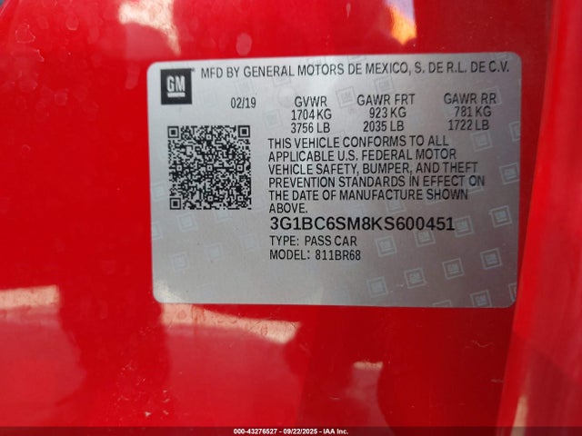 3G1BC6SM8KS600451 Chevrolet le2 -di: direct injection, vvt: variable valve timing, gen, alum