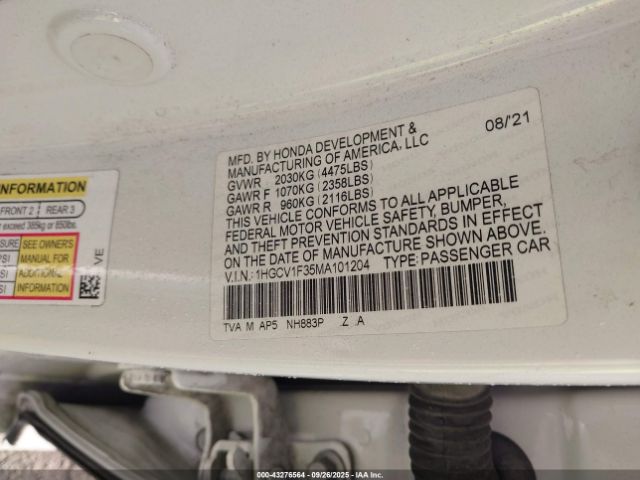 2021 HONDA ACCORD 1HGCV1F35MA101204 Photo 8