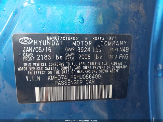 KMHD74LF9HU086400 Hyundai Elantra