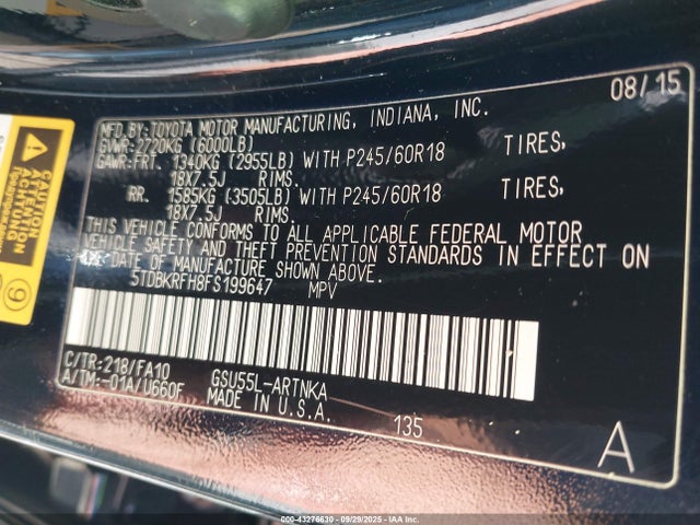 5TDBKRFH8FS199647 Toyota 2gr-fe