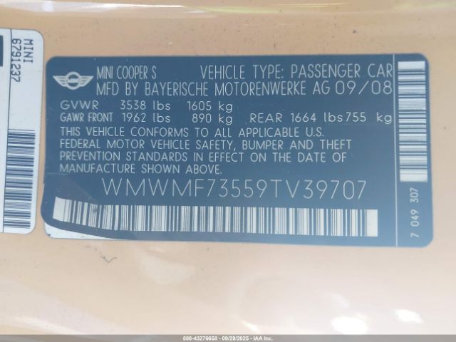 2009 MINI COOPER S WMWMF73559TV39707 Photo 8