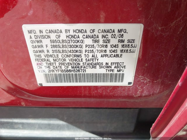2006 HONDA PILOT 2HKYF18586H526721 Photo 8