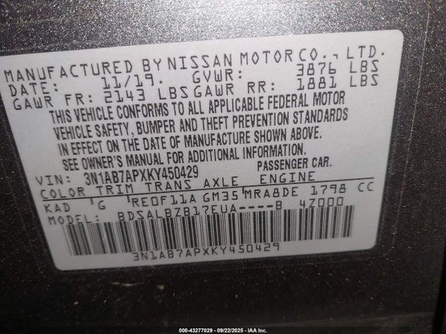 3N1AB7APXKY450429 Nissan SENTRA S