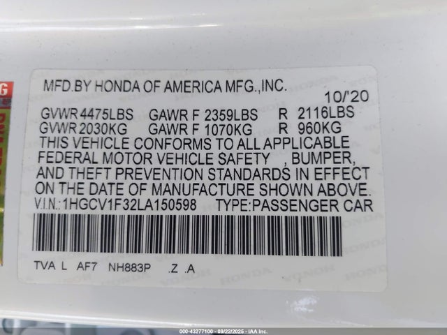 1HGCV1F32LA150598 Honda l15be