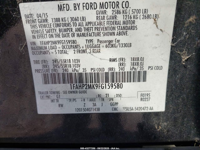Ford Taurus 2015 1FAHP2MK9FG159580 Image 9