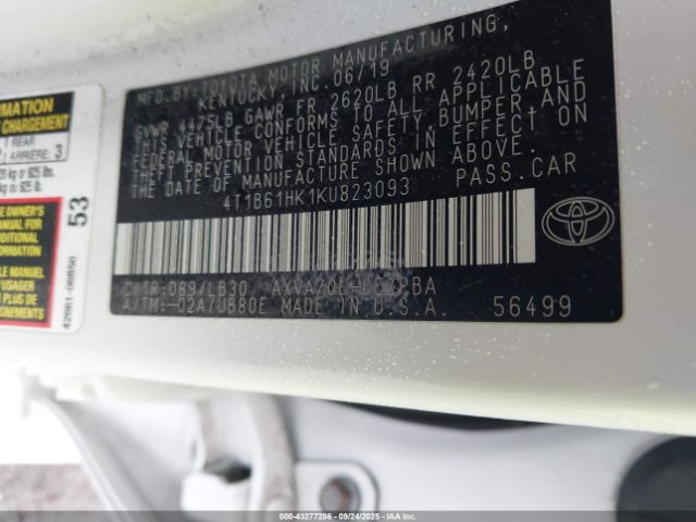 2019 TOYOTA CAMRY 4T1B61HK1KU823093 Photo 8