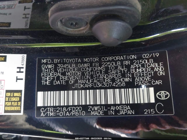 JTDKARFU3K3074258 Toyota 2zr-fxe,1nm+1mm