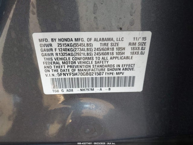 Honda j35y6 2016 5FNYF5H70GB021507 Image 9