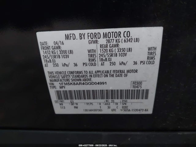 43277559 :رقم المزاد ، 1FM5K8AR4GGD04991 vin ، 2016 Ford Police Interceptor مزاد بيع