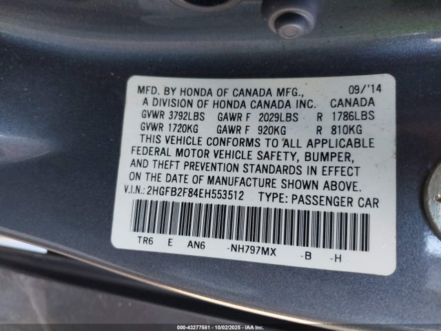 Honda r18z1 2014 2HGFB2F84EH553512 Image 9