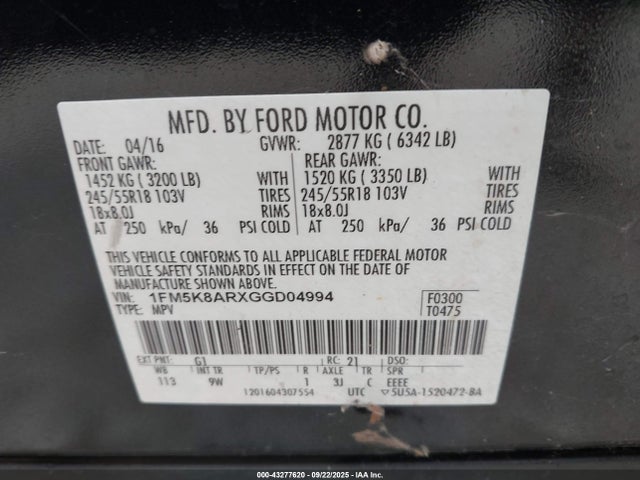 1FM5K8ARXGGD04994 Ford 2016
