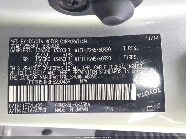 JTEBU5JR3F5220439 Toyota 1gr-fe