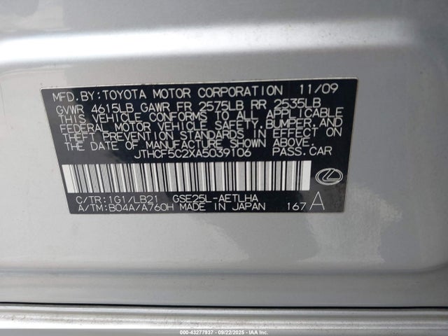 Продажа на аукционе авто 2010 Lexus Is 250, vin: JTHCF5C2XA5039106, номер лота: 43277937