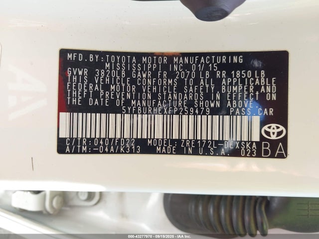 5YFBURHEXFP259479 Toyota 2zr-fe