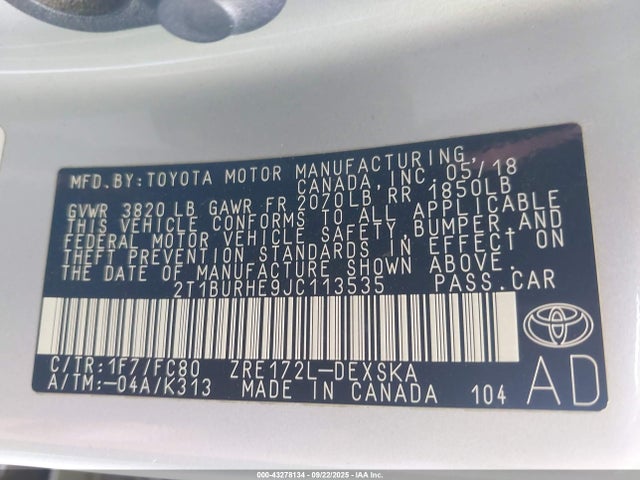 2T1BURHE9JC113535 Toyota 2zr-fe