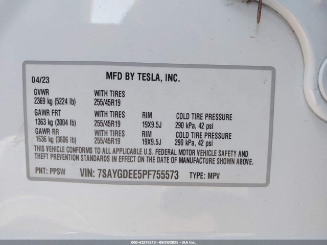 Продаж на аукціоні авто 2023 Tesla Model Y Awd/long Range Dual Motor All-wheel Drive, vin: 7SAYGDEE5PF755573, номер лоту: 43278210