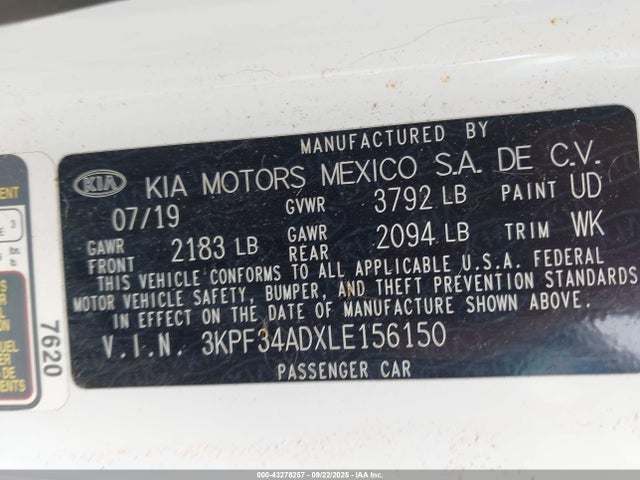 3KPF34ADXLE156150 KIA mpi nu