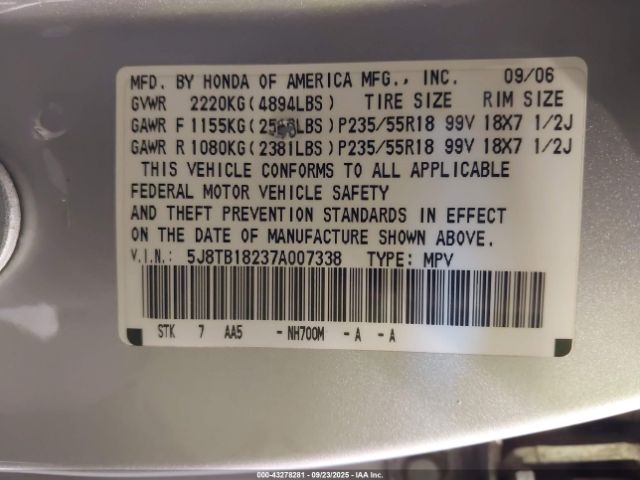 2007 ACURA RDX 5J8TB18237A007338 Photo 8