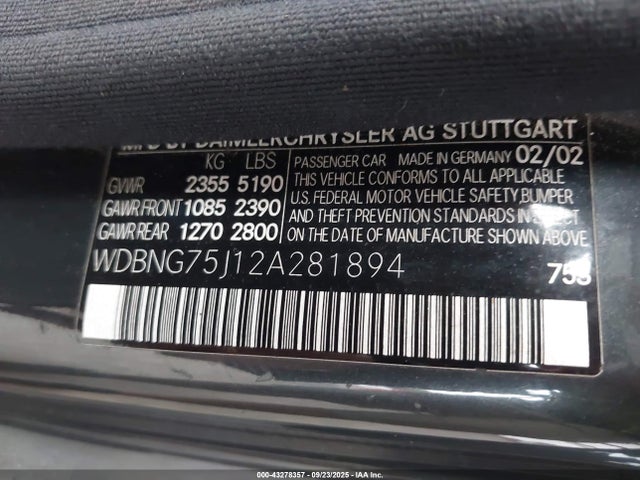 Продажа на аукционе авто 2002 Mercedes-benz S 500, vin: WDBNG75J12A281894, номер лота: 43278357