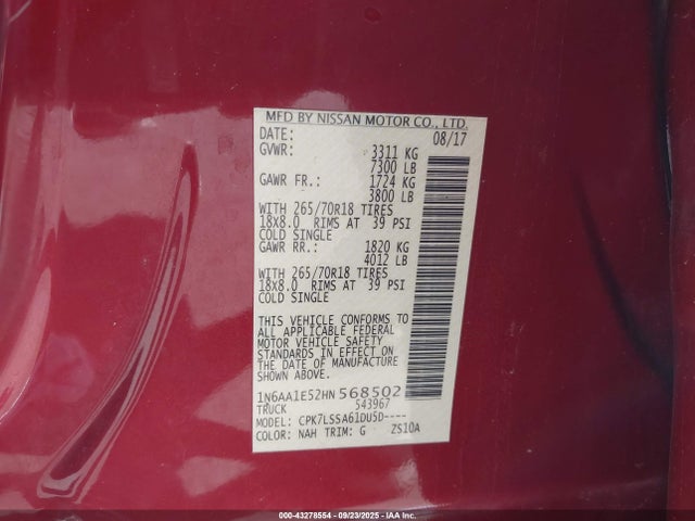 1N6AA1E52HN568502 Nissan TITAN SV