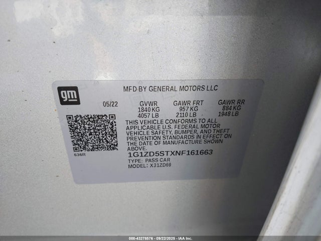 Chevrolet lfv - direct injection, variable valve timing, gen 1 gmna 2022 1G1ZD5STXNF161663 Image 9