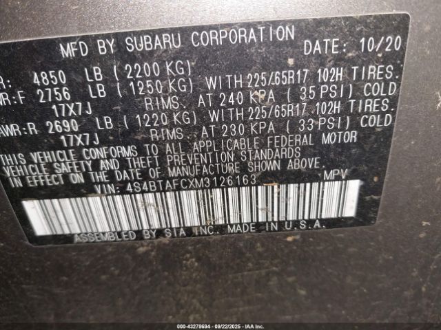 2021 SUBARU OUTBACK 4S4BTAFCXM3126163 Photo 8