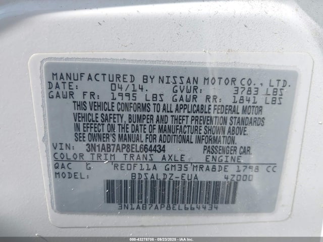 3N1AB7AP8EL664434 Nissan 2014