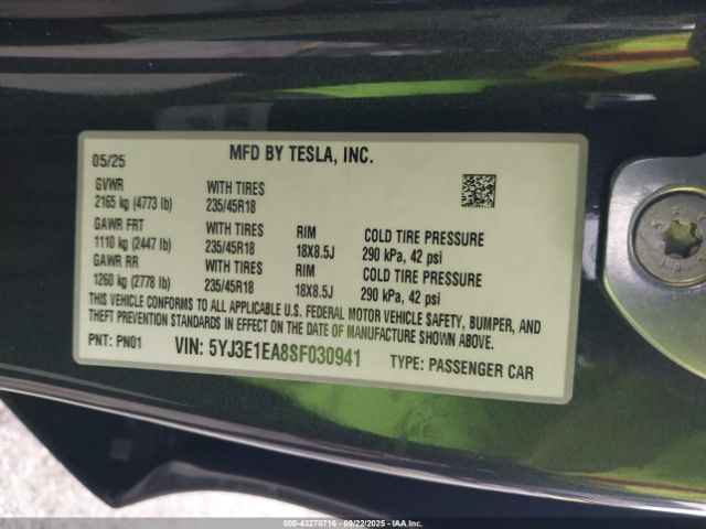 2025 TESLA MODEL 3 5YJ3E1EA8SF030941 Photo 8