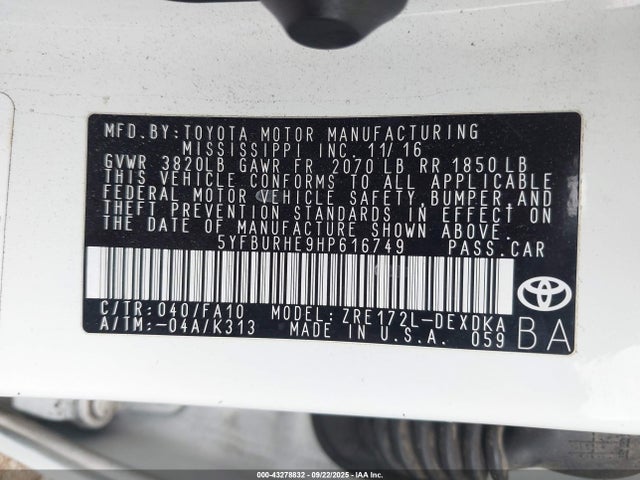 5YFBURHE9HP616749 Toyota 2zr-fe