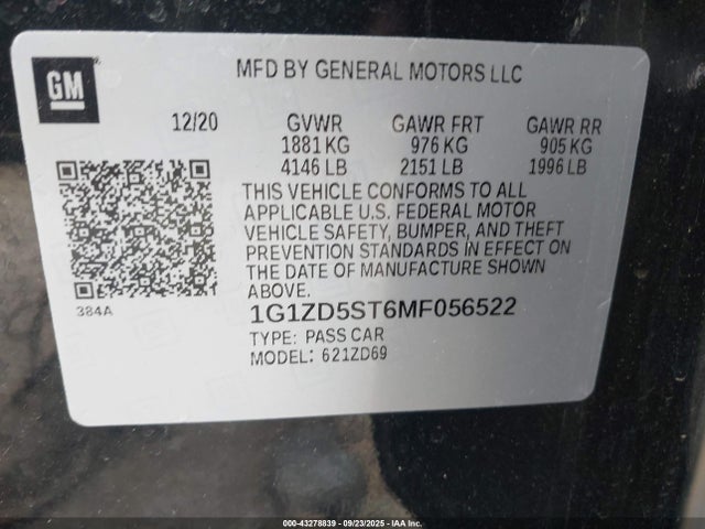 Продажа на аукционе авто 2021 Chevrolet Malibu Fwd Lt, vin: 1G1ZD5ST6MF056522, номер лота: 43278839