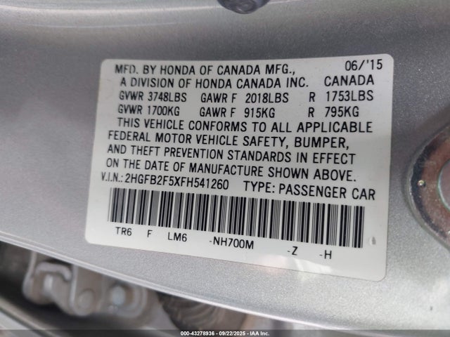 Honda r18z1 2015 2HGFB2F5XFH541260 Image 9