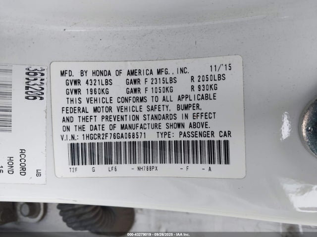 1HGCR2F76GA068571 Honda k24w1