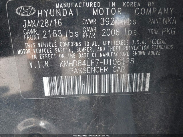 KMHD84LF7HU106138 Hyundai Elantra