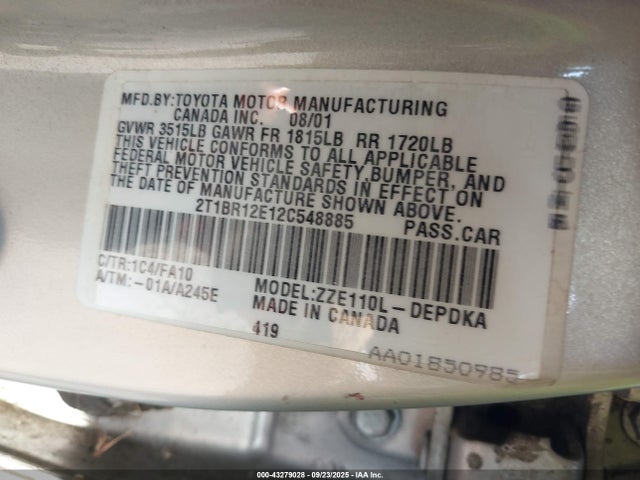 2002 TOYOTA COROLLA 2T1BR12E12C548885 Photo 8