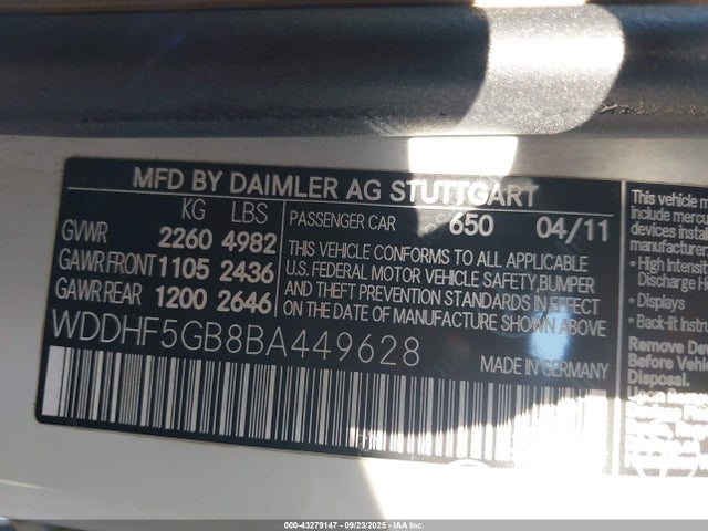 Aukcja sprzedaży 2011 Mercedes-benz E 350, vin: WDDHF5GB8BA449628, numer aukcji: 43279147