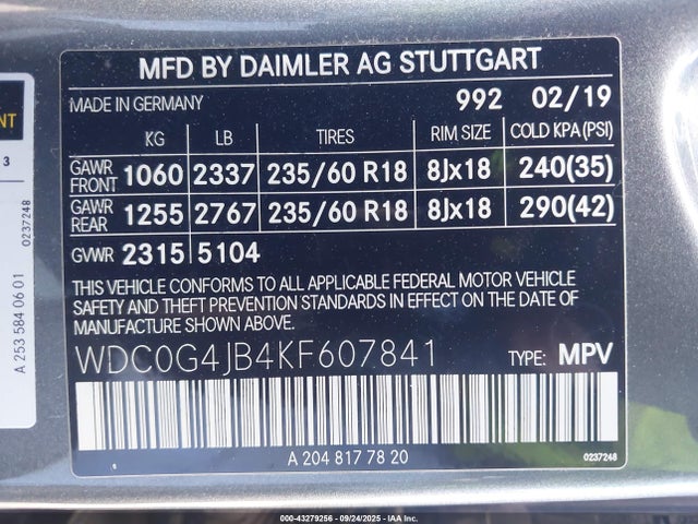 WDC0G4JB4KF607841 Mercedes-Benz m274