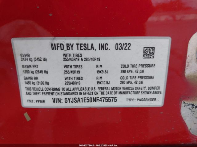 2022 TESLA MODEL S 5YJSA1E50NF475575 Photo 8