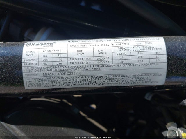 Aukcja sprzedaży 2023 Husqvarna Vitpilen 401/svartpilen 401, vin: MD2JUJ402PC225807, numer aukcji: 43279472