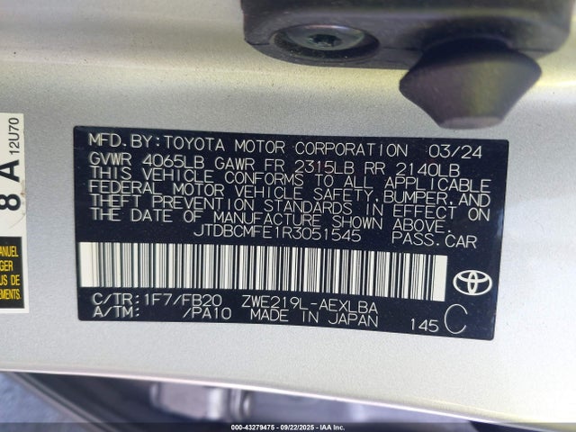 JTDBCMFE1R3051545 Toyota 2zr-fxe
