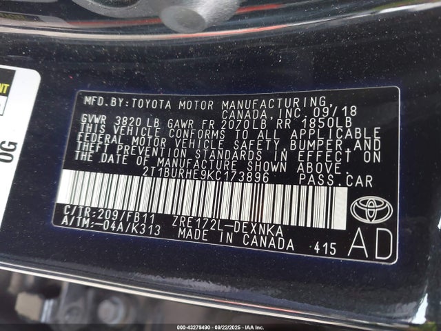 Toyota 2zr-fe 2019 2T1BURHE9KC173896 Image 9